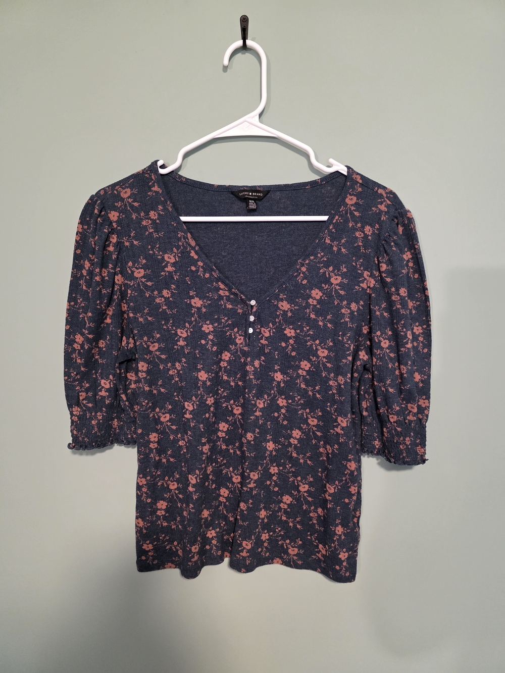Lucky Brand Navy Floral Henley Top with Pink Accents